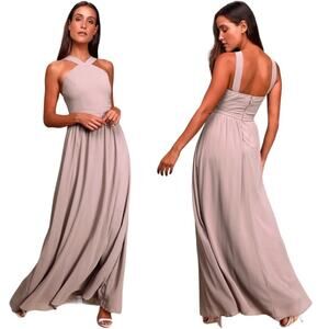 Lulu's Air of Romance Taupe Modified Halter Maxi Dress Bridesmaid Sm